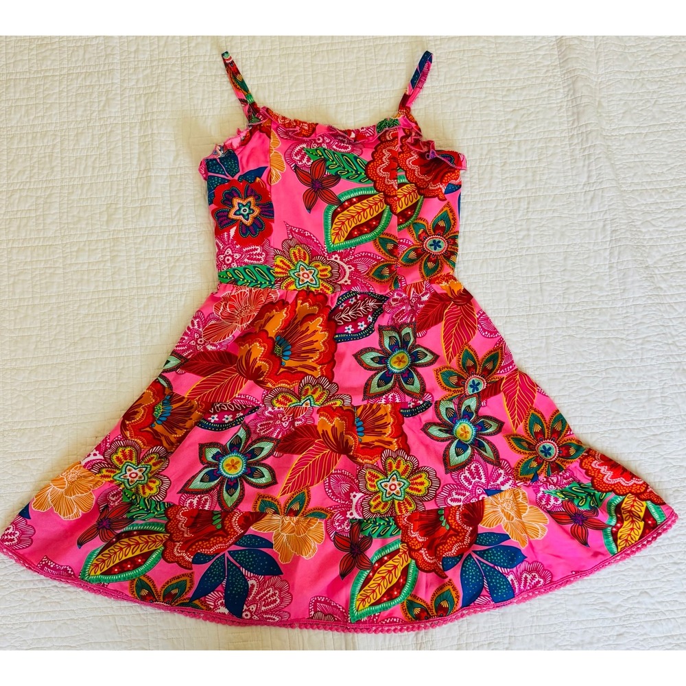 Zunie from Nordstrom‎ Girls Pink Floral Tiered Sundress Pom Pom Trim Size 10